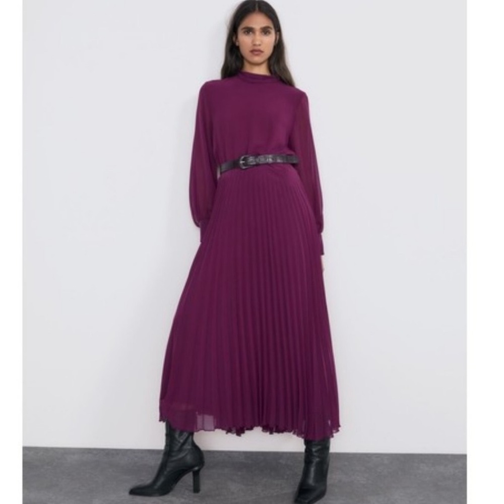 NWT ZARA Pleated Mock Neck Long Sleeve Midi Dress Plum Purple Size L *READ*